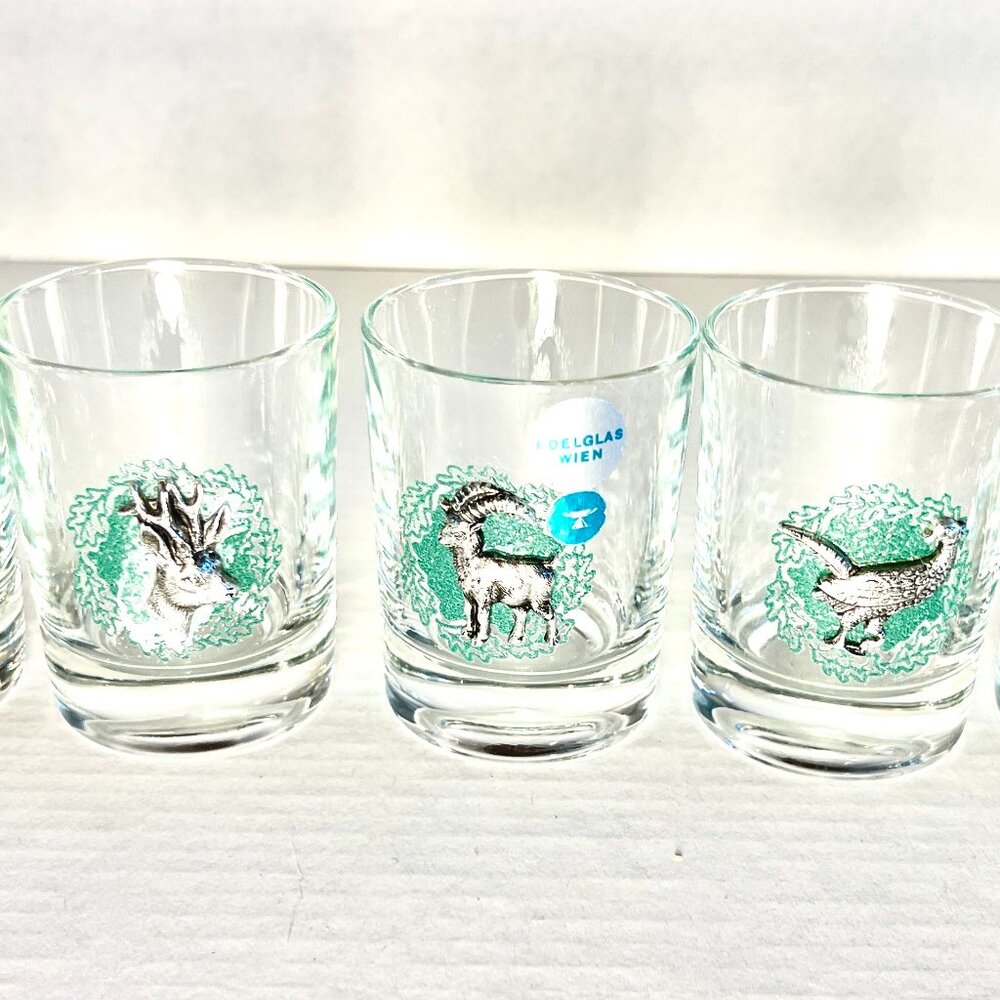 UNIQUE VINTAGE SHOT GLASSES WITH SILVER "GAME ANIMALS' ON THE FRONT